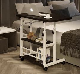 Overbed Bedside Table with Two Shelves and Wheels 31 1/2" Desk with Adjustable Height (Black)