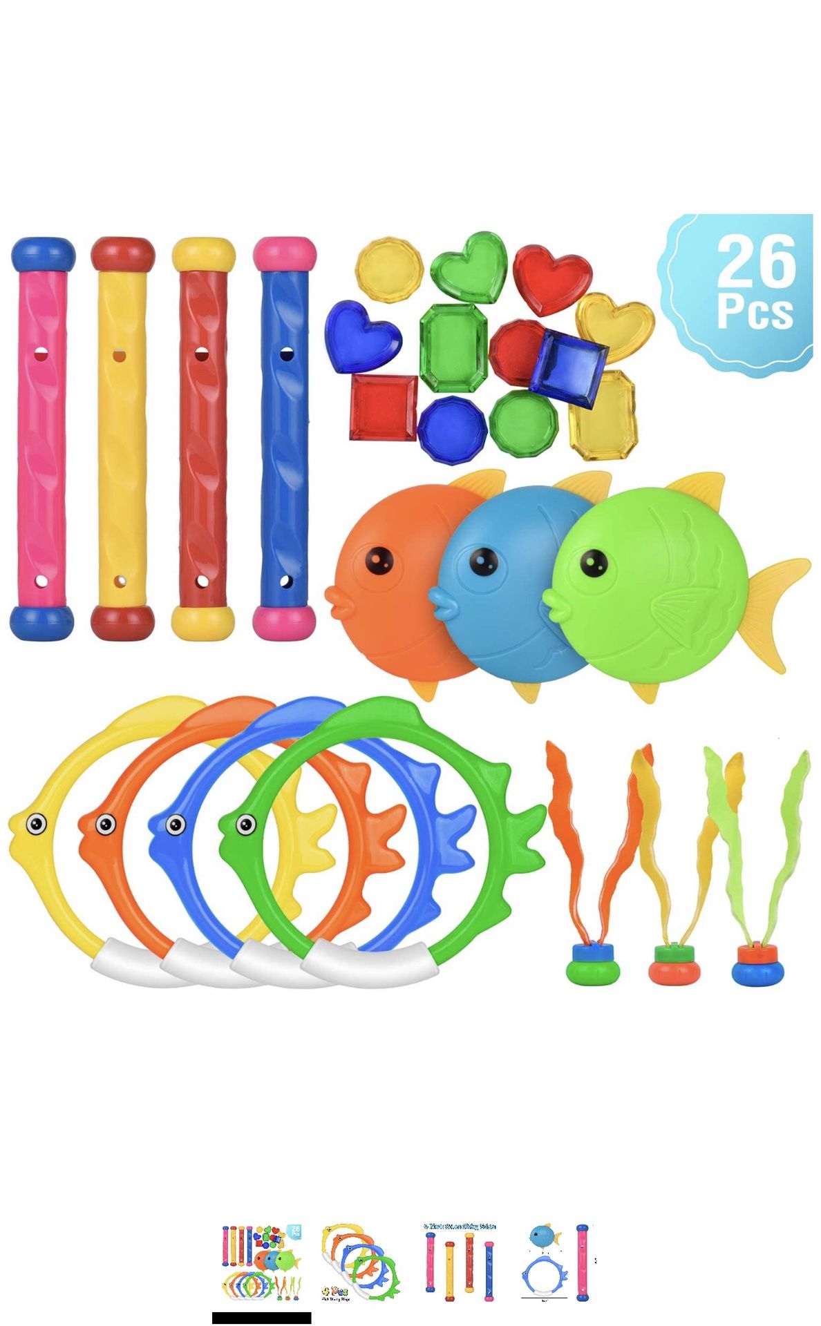 Pool Toys for Kids, Toddler Pool Games with Toy Fish Rings (4 Pcs), Diving Sticks (4 Pcs), Toy Fish (3 Pcs), Pool Toy Plants (3 Pcs) & Pool Gems (12