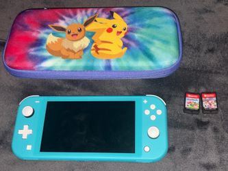 Nintendo switch lite , 2 games , and Pokémon case