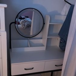 White And Black Vanity With Hair Dryer Station On The Left