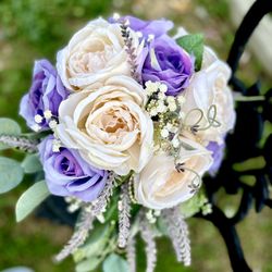 Handmade In USA Purple/Cream Open Roses Bridal Bouquet | Wedding Flowers Table Topper Home Decor