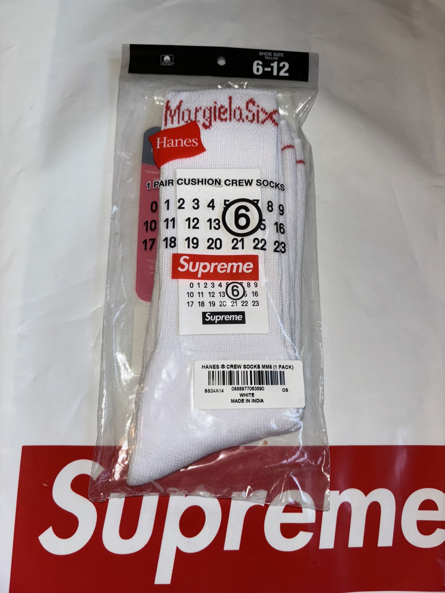 Supreme Maison Margiela Hanes Crew Socks (1 Pack) Brand New Size 6-12 
