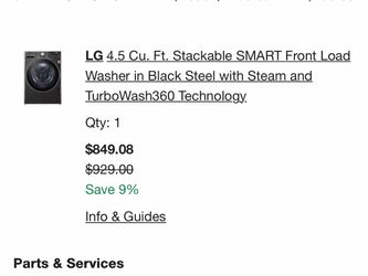 LG4.5 Cu. Ft. Stackable SMART Front Load Washer in Black Steel with Steam and TurboWash360 Technology