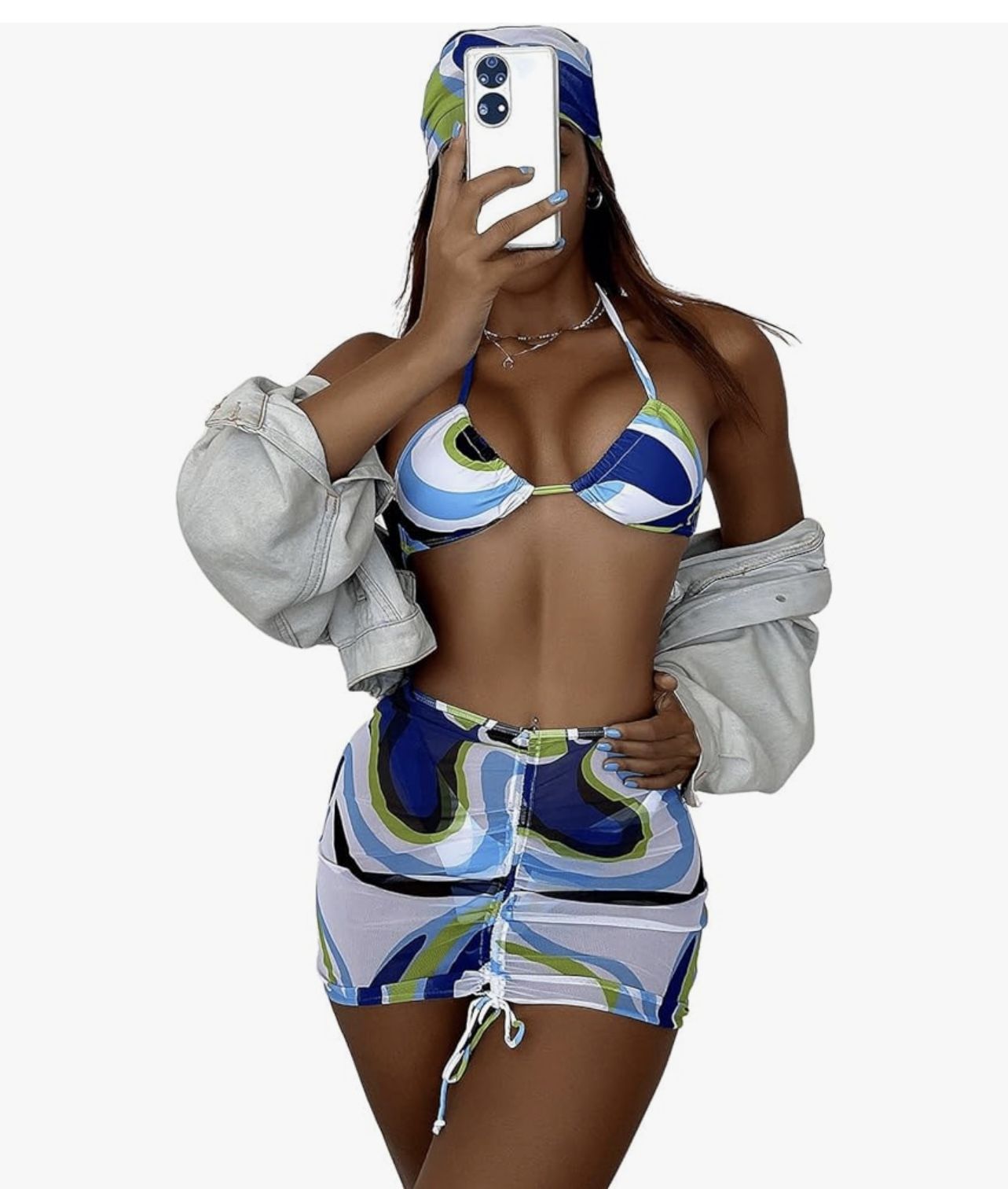 NEW Milumia 4-Piece Triangle Bikini Set Mesh Cover Up Skirt Bandana Size Medium