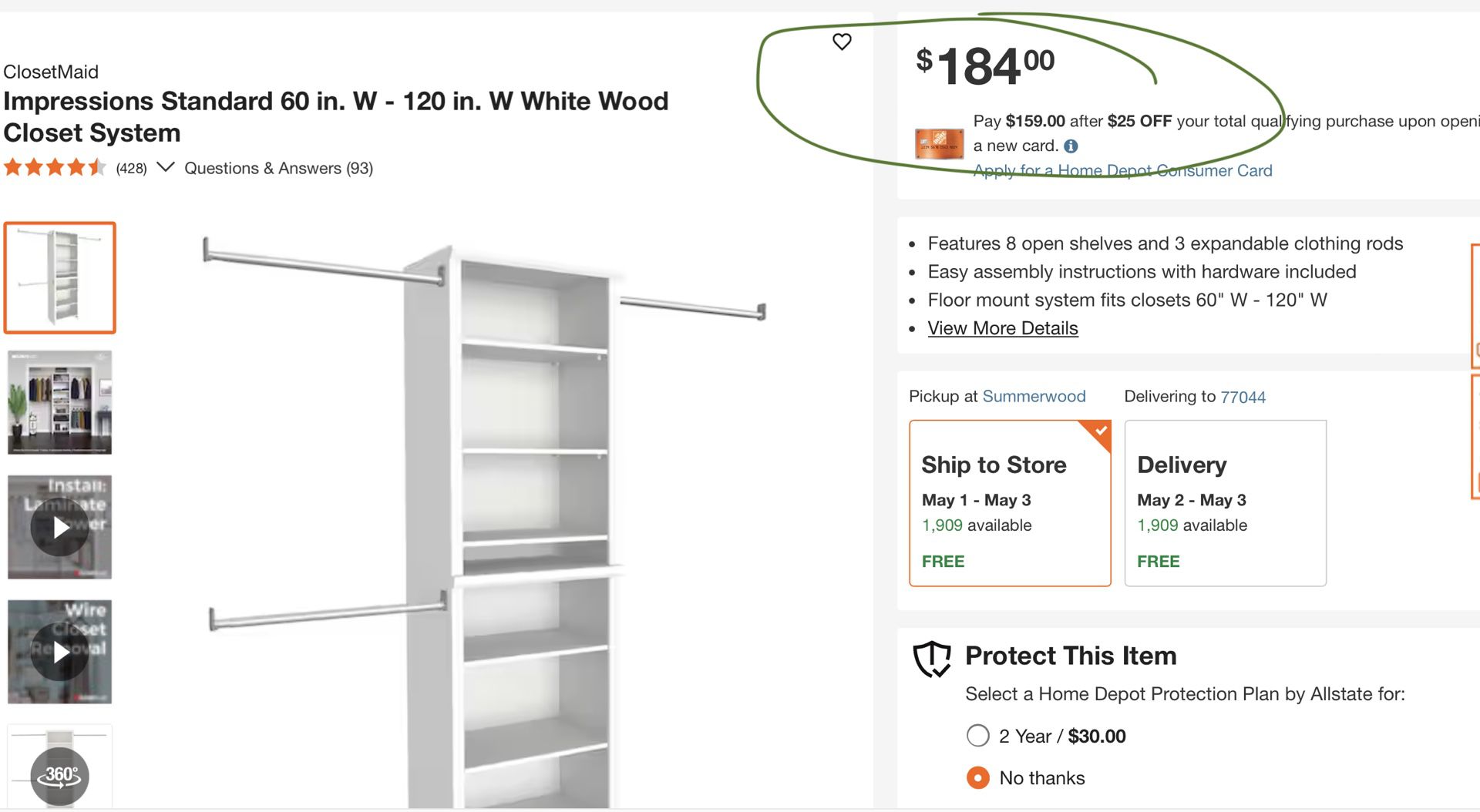 Partial - Impressions Standard 60 in. W - 120 in. W White Wood Closet System. 126