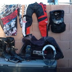 Dirt Biking Motocross/Supercross/Enduro Gear Bundle Including Padded Pants, Jersey, Riding Boots, Wrist Guards, Chest Protector Plate, And More