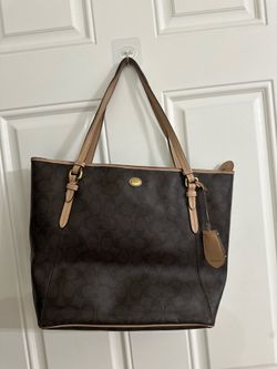 Coach Signature Contrast Trim Tote Purse Shoulder Handbag Brown