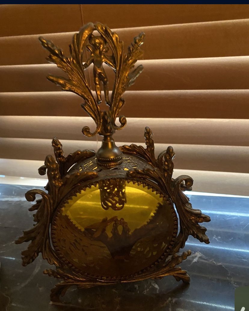 Vintage Ormolu Brass and Glass Cherub / Bird    Perfume Bottle Amber Glass Hollywood Regency 