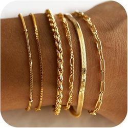 DEARMAY Gold Bracelets for Women Waterproof, 14K Real Gold Jewelry Sets Trendy Thin Dainty Stackable Cuban Link Paperclip Chain Bracelet Pack Fashion 