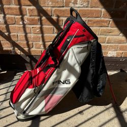 PING Hoofer Lite 4-way Stand Bag Red and White with Rain Cover