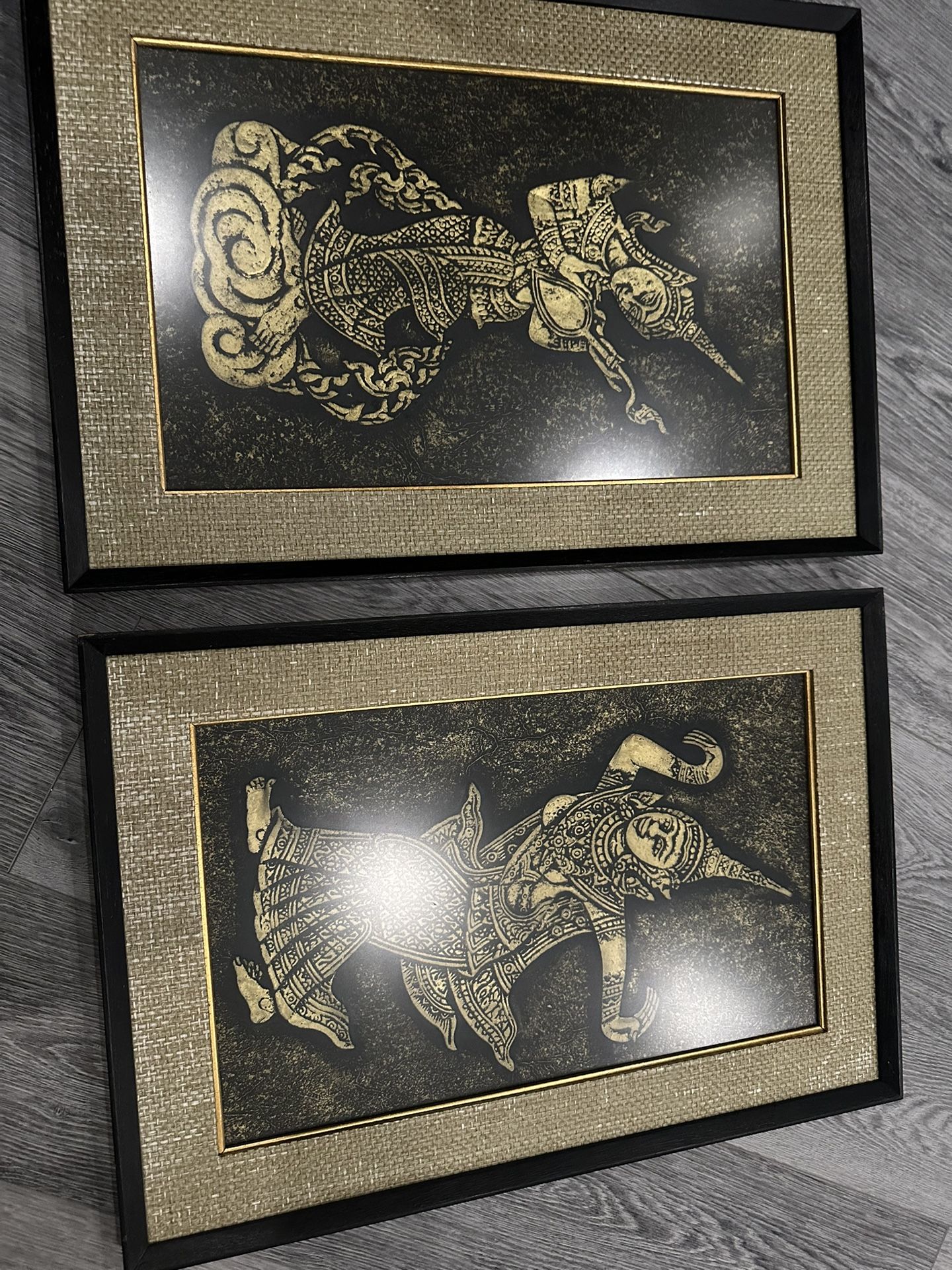 2 FRAMED VINTAGE THAI TEMPLE RUBBINGS, Musicians-raised 3D