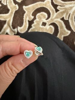 Real 925 Sterling Silver aqua green heart stud earrings