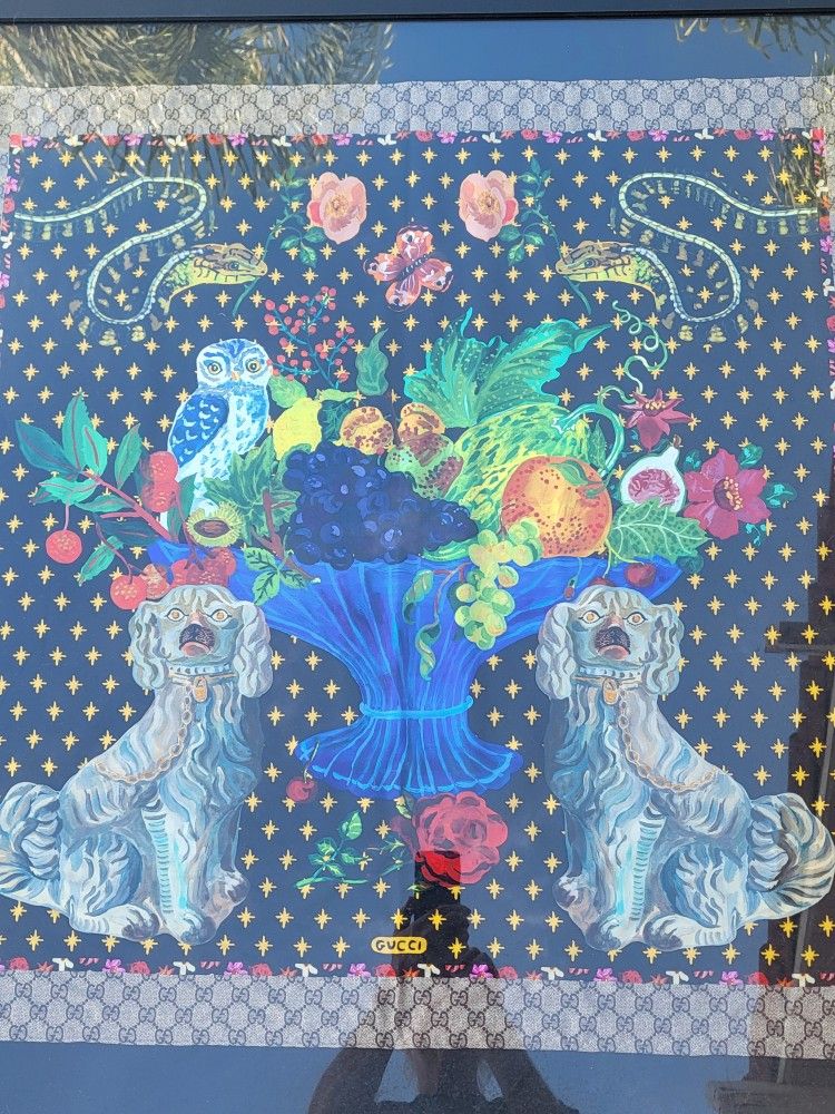 Gucci Black Silk Spaniel Dogs And Vase 90 Scarf