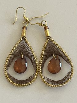 Boho Style String Art Dangle Earrings 2.5” Teardrop Orange/Yellow 