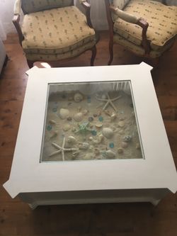 Coffee table seashells and bake salmon that’s in there cat put anything you want inside