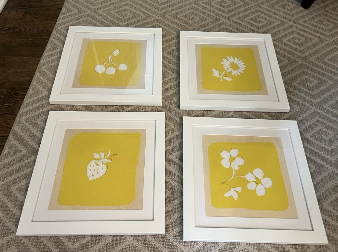 Beautiful and Cheerful Set of 4 Yellow Art by Paule Marrot 15.25”sq Natural Curiosities Paule Marrot Smoke free household