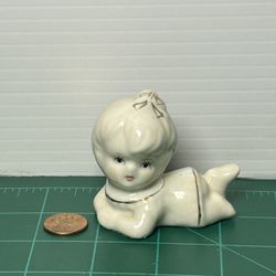 Vintage 2.5” Angel Baby Doll Figurine White Porcelain Statue Laying Down Prone