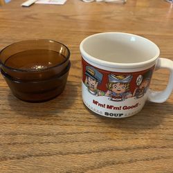 Campbell’s Soup Bowl & 2 Brown Glass Custard / Pudding Bowls Vintage Collectible $20 Both