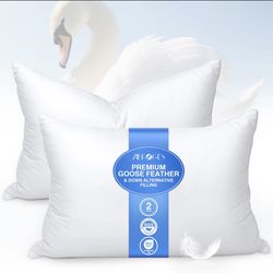 Feather Pillows Queen Size Set of 2 - Goose Down, Soft 600 Thread Count Cotton Cover