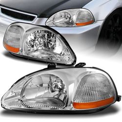 For 96-98 Honda Civic Chrome Housing Clear Lens with Amber Reflector Headlight -(4-HL-HDCV9600CA-0