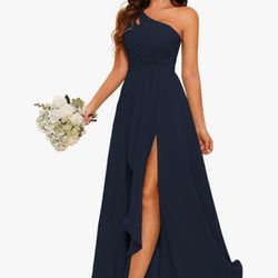 NEW Navy Blue Chiffon One-Shoulder A-Line Empire Waist Dress With Pockets