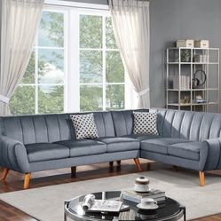 Brand New Grey Velvet Retro Style Sectional Sofa 