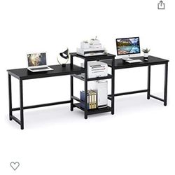 (NEW) 96.9" Double Computer Desk with Printer Shelf, Extra Long Two Person Desk Workstation with Storage Shelves, Large Office Desk Study Writing Tabl