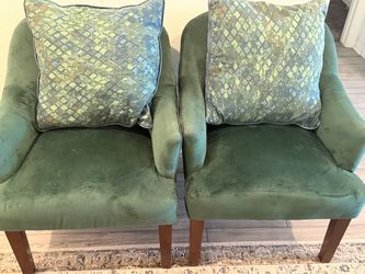 Pair of Green Velvet Accent Chairs with Pillows
