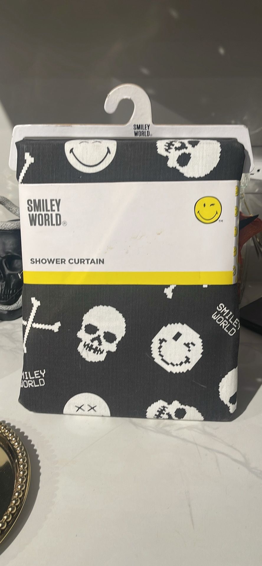 Halloween Smiley π World Emoji Skeleton Head Bone Face Shower Curtain