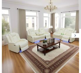 Power electric white leather fully reclining couch set