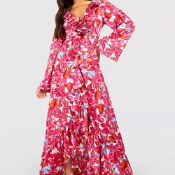 Women Pink Floral Ruffle Maxi Dress Party Wear