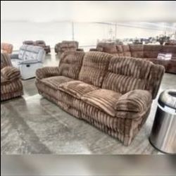 2 Pc Brown Corduroy Manuwal Recliner Sofa Set