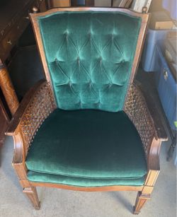 Vintage Green Velvet Cane Armchair
