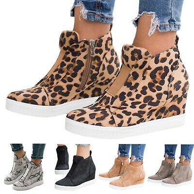 Womens Hidden Wedge Low Mid Heel Ankle Boots Sneakers Trainers Comfy Shoes Size