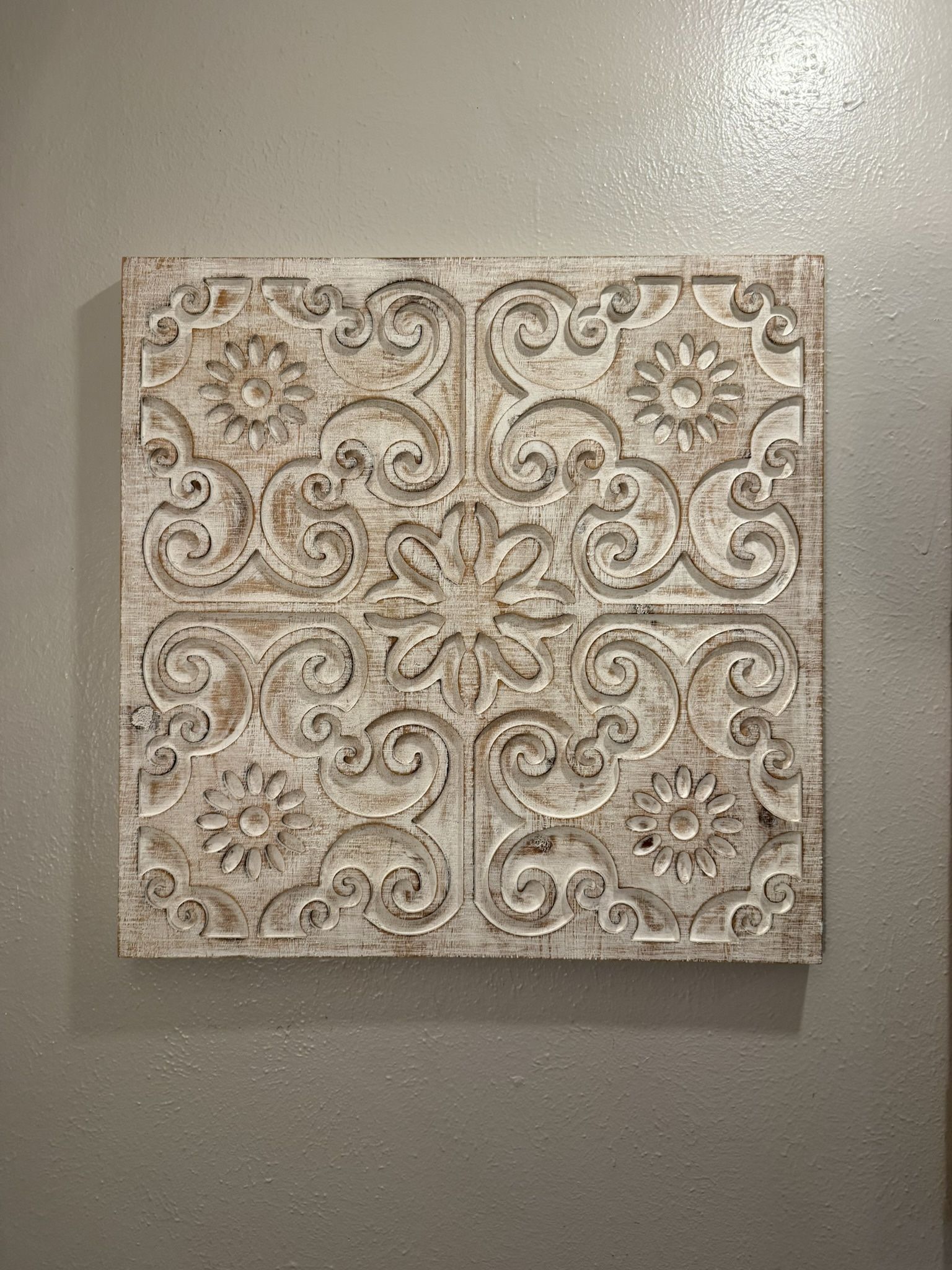 Beautiful Rustic Carved Wooden Floral Wall Art Panel (26” x 25.5”) - Original Price: $70