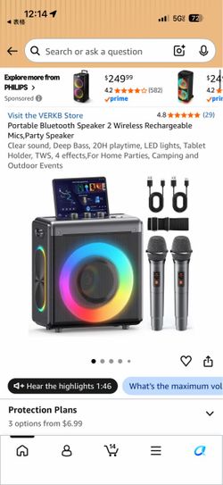 VERKB Portable Bluetooth Party Speaker with 2 Wireless Mics (20H Playtime)