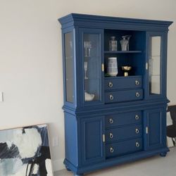 Blue Painted China Cabinet Hutch with Brass Hardware