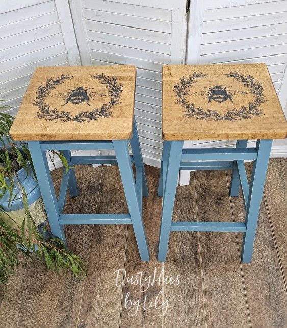 Stools/Bar Stools/Dining Room Decor/ Indoor Patio Decor/Wood Stools/Set of 2/Rustic Two Tone Finish/Handpainted/Unique  Find/
