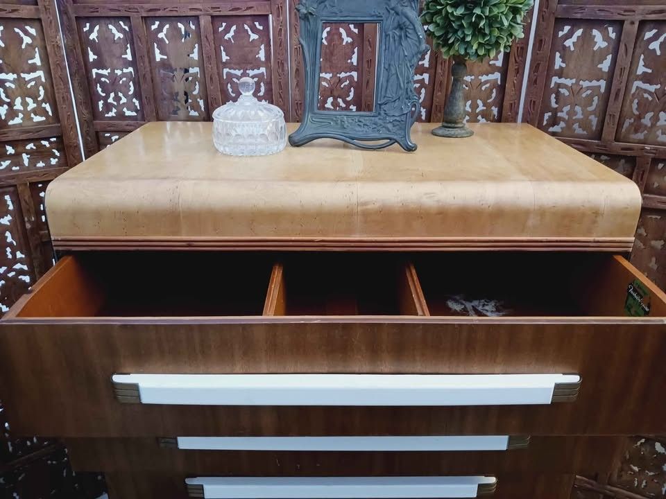 At Deco Waterfall Antique Tal Boy Bedroom Dresser, Desk. Delivery