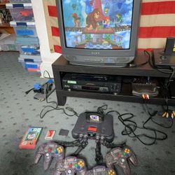 Nintendo 64 N64 With Expansion Pak 4 Original OEM Controllers, Wires Memory Card And Summer Cart 64 (contains Every Game)