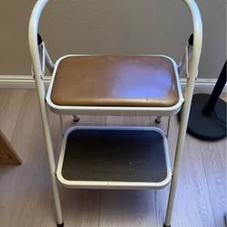 Vintage foldable metal stepping stool with cushion / 2-step ladder / foldable chair