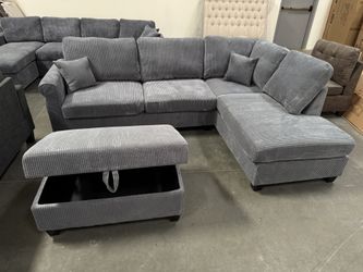 106” Dark grey Sectional Sofa And Storage Ottoman, Sectional With USB PORT Charger, Sofa, Couch, Corduroy Sectional, Sofas, L-shaped Couch, Sectionals