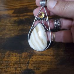 Silver Pendant With Citrine And Natural Calcite