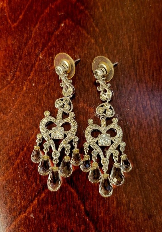 2" Sterling Silver Heart "Candelabra" Earrings with CZ Stones & Crystal Pear Shaped Drops. Sterling Posts. Orig. Purchased at Nordstrom. Gorgeous!