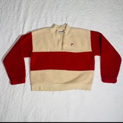 Fila Woman's Pullover Sweater Red & Beige / Tan Sherpa Size Medium Quarter Zip
