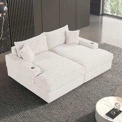 Double Chaise Sofa Ivory Wide Corduroy Cup Holders USB Charging Port Pillows Included Brand New In Box Firm Price $799