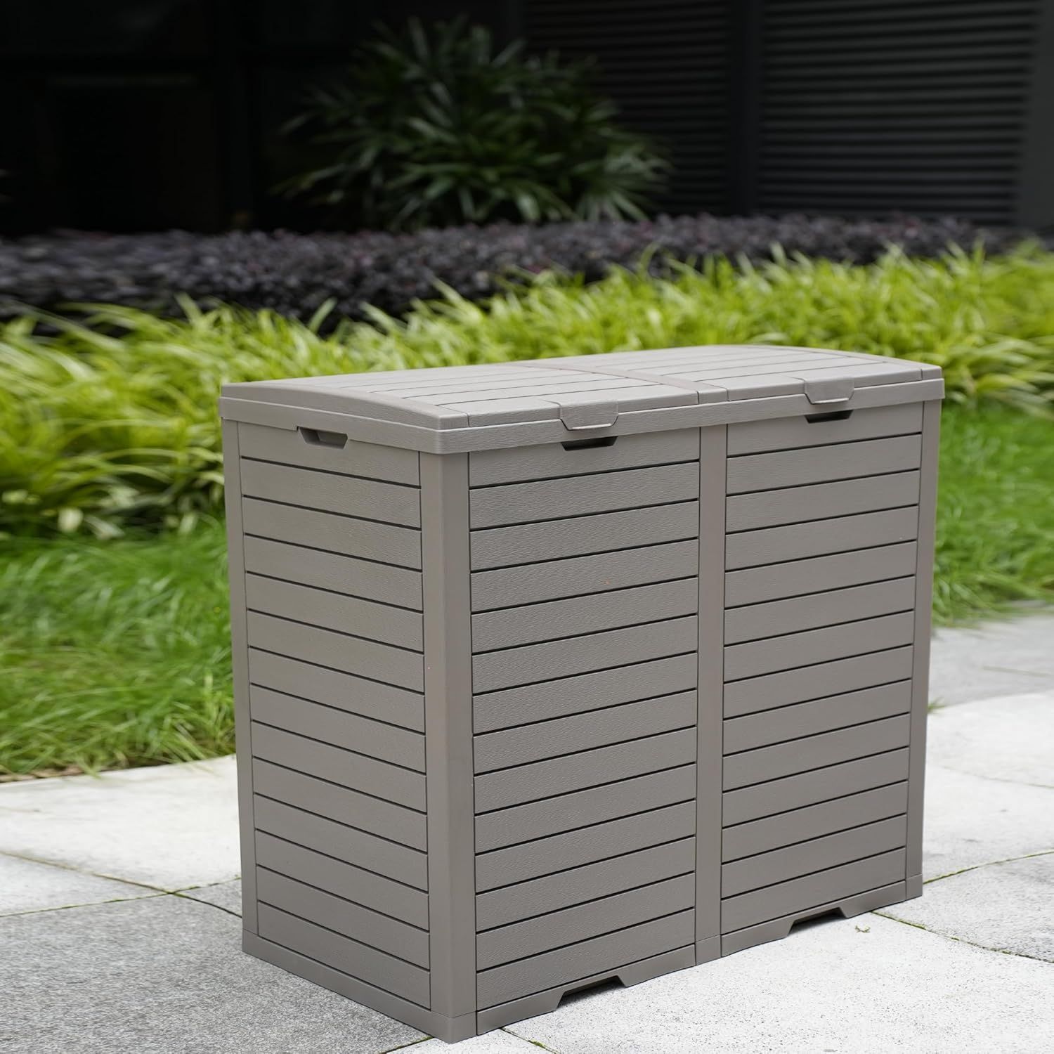 62 Gallon Outdoor Garbage Trash Can Waterproof Resin Double Lid Drip Tray Outside Trash Bin for Hideaway Patio Waste Kitchen Backyard Deck Pool