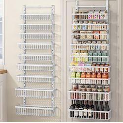 POKIPO 9 Tier Over The Door Pantry Organizer, 2 in 1 Wall Mount or Hanging Spice Rack with Adjustable Basket, Seasoning Organizer and Storage for Kitc