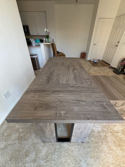 Gray Wood Dining Table with Metal Base and coffee table
