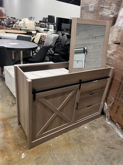 47.2" Bathroom Vanity with Mirror, Farmhouse Bathroom Vanity with Sliding Barn Door & 3 Drawers, Gray. **NO SINK OR FAUCET**